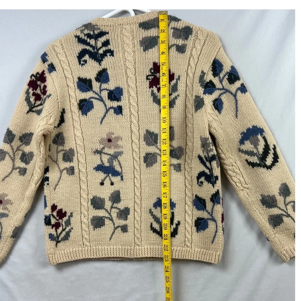 Talbots Cardigan Sweater Women Petite P Beige Floral Hand Knit 100% Wool Cable